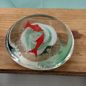 Vtg Glass Paper weight With 2 Orange Fish Over White & Green Reef